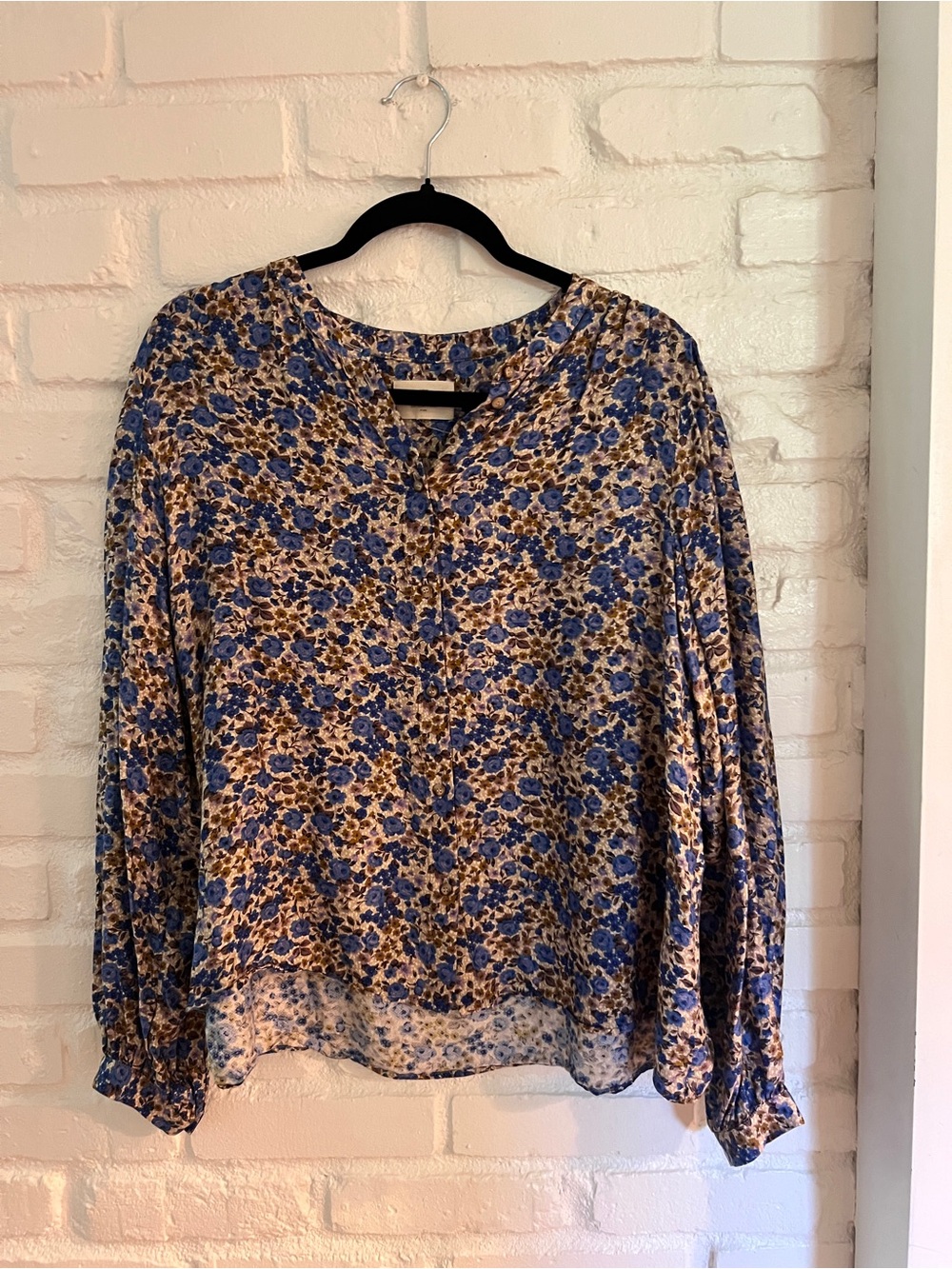 Sezane Blue and Cream Floral Long-Sleeve Blouse